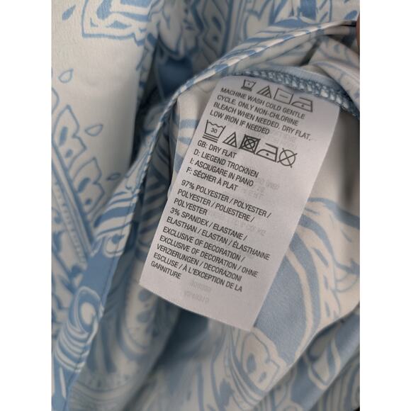 Susan Graver Tunic Top Blue Paisley Print Blouse Bell Sleeves Silky Satin - Picture 6 of 6